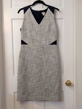 J. Crew Navy and Ivory Textured V-Neck Sheath Dress